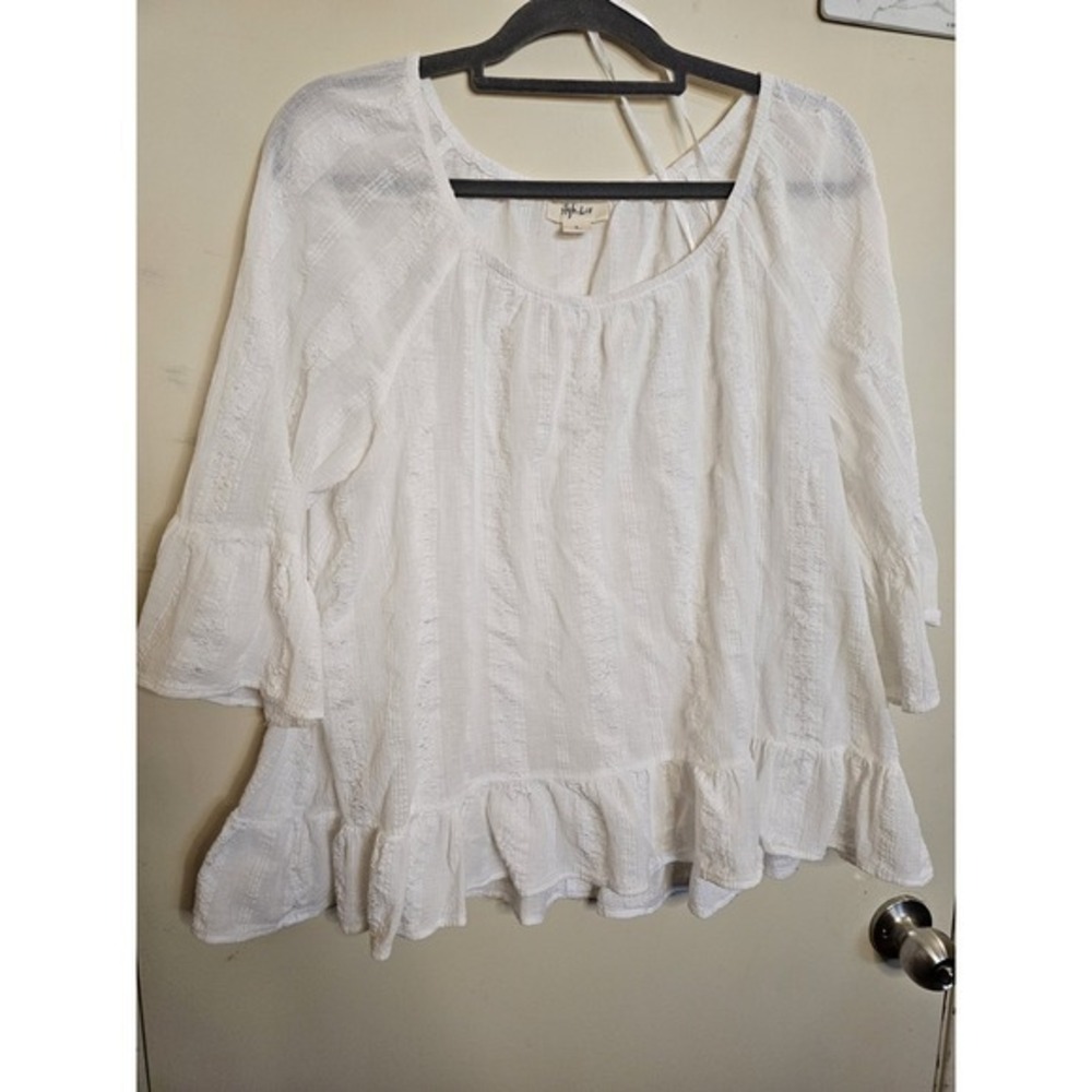 Style &‎ Co White Boho Embroidered Top Size Large 3/4 Flare Sleeve Peasant Beach